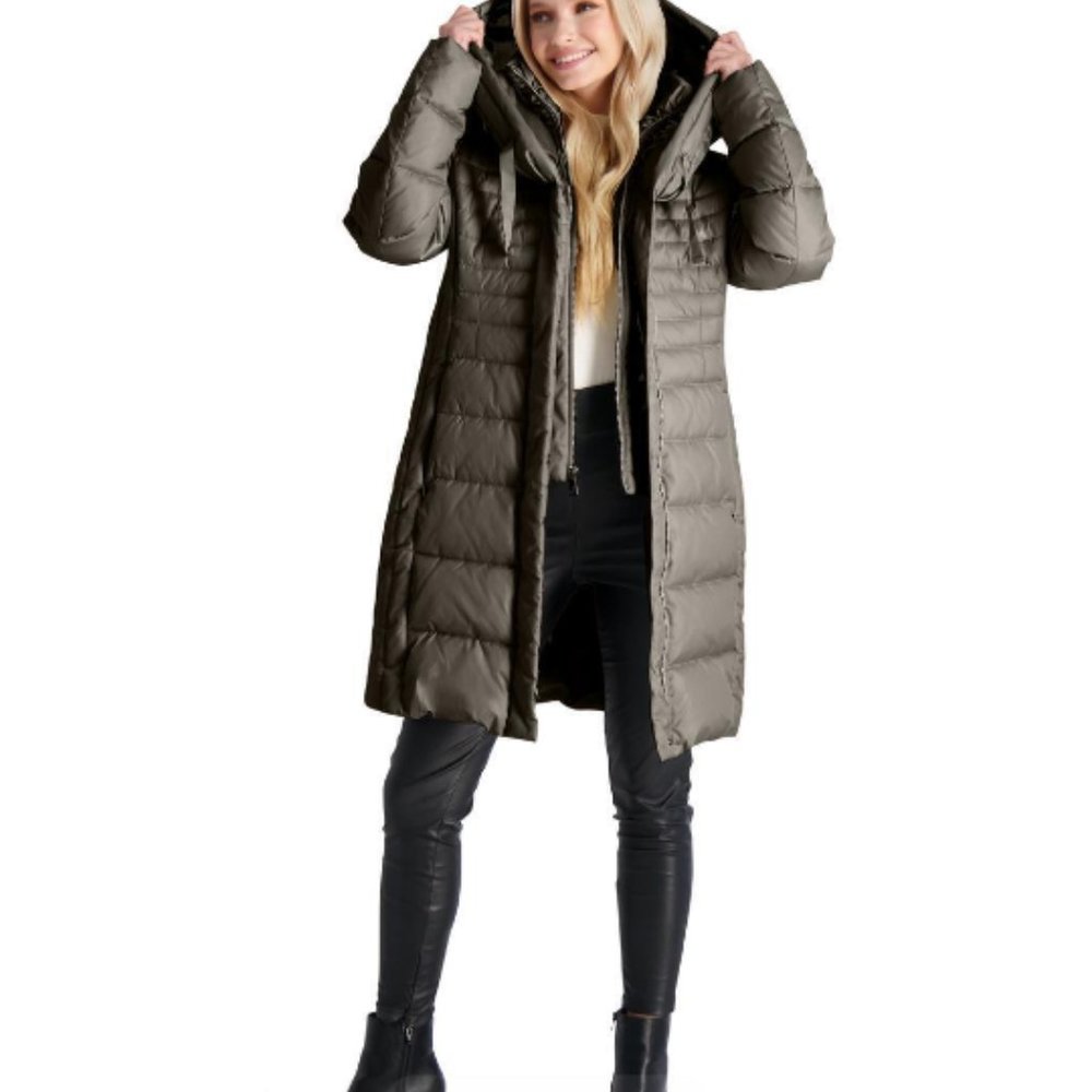 Tahari Women's French Gray Mid-Length Warm Winter Puffer Coat XL